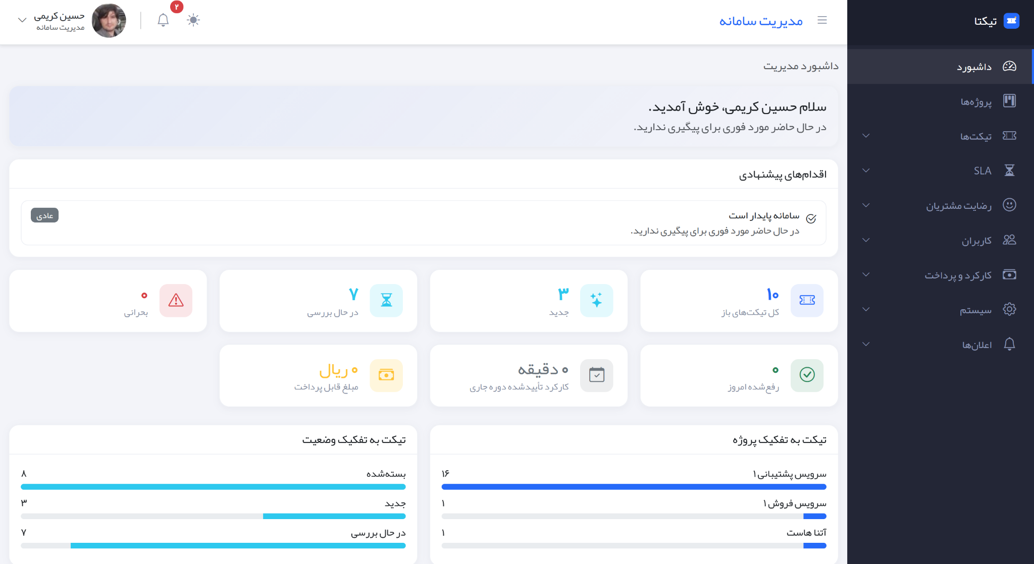 داشبورد مدیران تیکتا